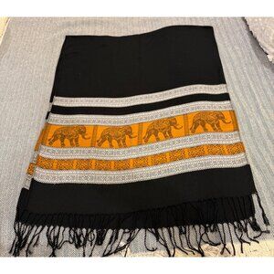 Elephant-Themed Black & Orange Shawl Scarf or Throw With Fringe